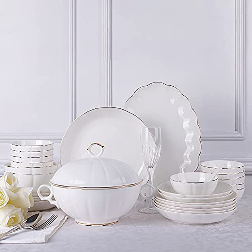 Juego de vajilla de 56 Piezas para 12 Personas, vajilla de Porcelana China para Cocina, vajilla Redonda Blanca, Juego Combinado con tazones para Cereales, Platos de Postre y Olla para Sopa