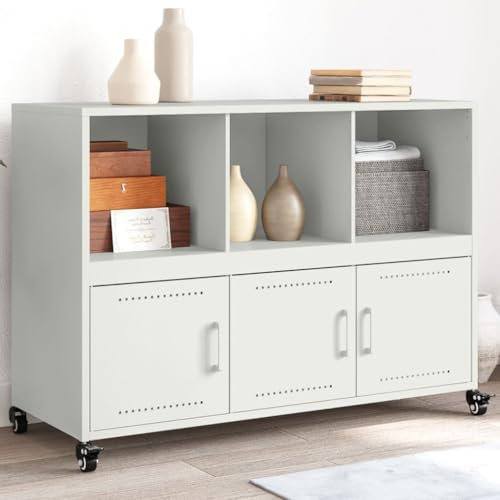 prissent Sideboard Aufbewahrungsschrank mit 4 Rollen Buffetschrank Mehrzweckschrank Beistellschrank für Wohnzimmer Schlafzimmer oder Küche Metallgestell Industrie-Stil Weiß 100,5x39x72 cm