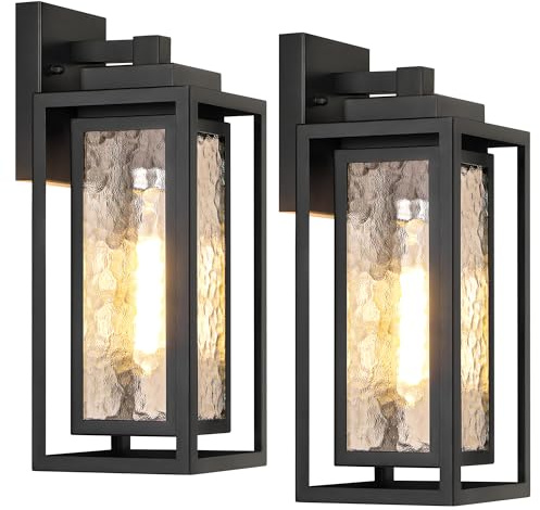 Water Ripple Outdoor Wall Lantern, Exterior Porch Light Fixture Black, 2 Pack Waterproof Wall Lights Fixture, Outside Garage Sconce Lighting, Porch Light Fixture, Mount Lamp, for Patio Outdoor Indoor