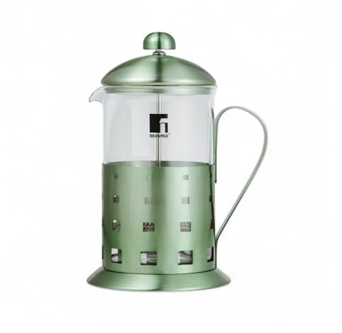 Bergner MIDNIGHT | Cafetera de 800 ml | Sistema de Prensa Francesa | Vidrio de Borosilicato Resistente al calor | Filtro y Soporte de Acero Inoxidable | Acabado verde metálico | Resistente al Calor