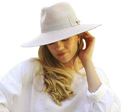 House of Ord Cape Town - Fiona Fedora - Eleganter und Hochwertiger Sonnenhut mit breiter Krempe für Damen in Blau - Reisefreundlicher Sommerhut - UV-Schutz 50+ - Größe: L/XL: 61 cm Farbe: Beige