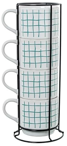 César Juego de 4 Tazas de Cerámica con Diseño Cuadriculado Turquesa, 355ml, con Soporte Vertical