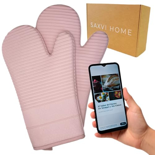 Set de 2 Guantes de Horno SAXVI Home – Manoplas Horno de Silicona Antideslizante con Forro Acolchado – Resistentes al Calor para Horno, Barbacoa y Cocina – con Recetario Descargable QR (Light Pink)