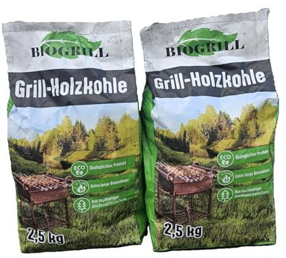 BIOGRILL Grill Holzkohle 5 kg (2 Packungen je 2,5 kg) aus Buche/Eiche/Esche – BBQ Kohle für Holzkohlegrill, Steakhouse – Premium Qualität, Hartholz Grillkohle für Perfektes Grill, Extra Lange Glut