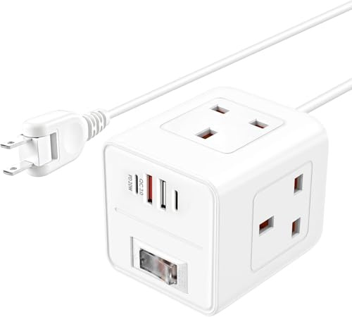 UK to Japan Plug Adapter,SHUOMAO 3 Way UK to Japan Plug Adaptor with 4 USB | PD 20W/QC3.0,Cube UK Travel Adapter with 1.5 Extension Cable for Japanese,Amercian,China (Type A)