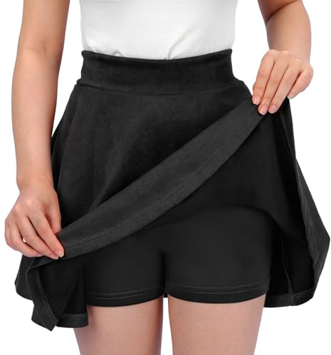 TRIWORKS Black Mini Skirt Women's Suede Skirt with Shorts – Soft, Flared Black Skater Skirt, High Waist, Casual Daily Wear XL