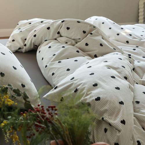 Freyamy Herz Bettwäsche 200x200 Herzen Weiß Schwarz Gestreift BettwäscheSet | Aesthetic Wendebettwäsche, 3teilig Bettwäsche-Sets, Microfaser ÖKO-TEX Bettbezug mit Reißverschluss und 2 Kissenbezug 80x80cm