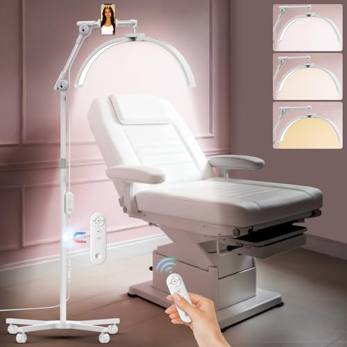 Diesisa Halbmond Stehlampe für Wimpern: Dimmbar LED Wimpern Lampe Mit 4-Rad-Rollenbasis Und Handyhalter - 360° Drehbarer Lichtkopf - Höhenverstellbar Kosmetiklampe für Wimpernverlängerung Tattoo -Weiß