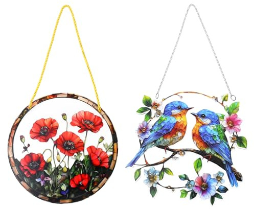 2 Stück Fensterdeko Eleganter Große Rote Blume Acryl Fensterbehang Sonnenfänger Kolibri-Sonnenfänger Fenster Deko Fensterdeko Frühling Hängend für Fenster,Terrasse,Wand,Haus und Garten