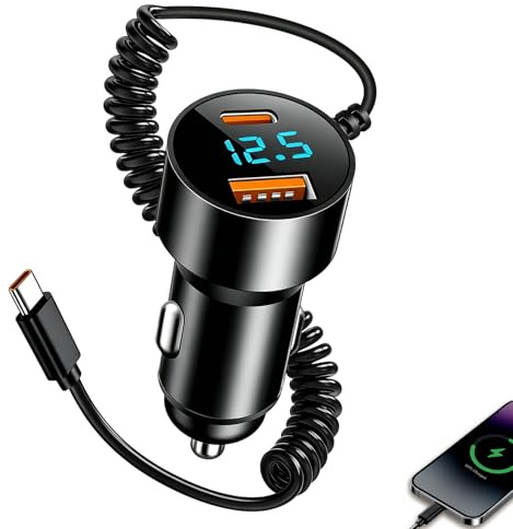 Billaddare 100 W, snabbladdning, 12 V/24 V, med spiralkabel, bilcigarettändare, snabbladdning, 2 portar QC3.0 PD, 30 W, för iPhone/Samsung/Xiaomi/Huawei/Android-telefoner