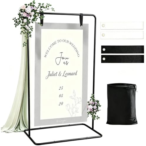 Support de plaque de bienvenue de mariage, support de plaque de mariage avec 4 sangles en cuir, hauteur réglable (136 cm/173 cm), pour panneau de bienvenue, affiches, plans de siège, tableau de