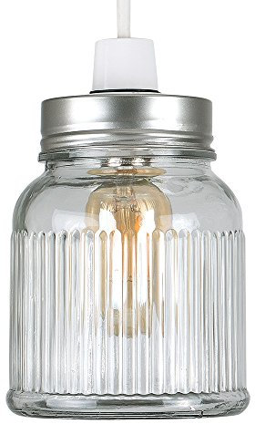 Retro Style Silver Brushed Chrome and Clear Glass Ribbed Pattern Design Jar Ceiling Pendant Light Shade