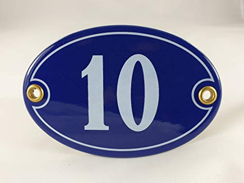 Emaille Hausnummer Schild Nr. 10, oval, Blau-Weiß mit Schrauben und Dübel Handarbeit