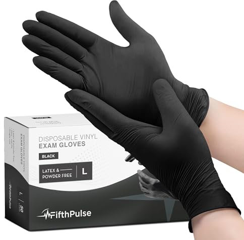 FifthPulse Black Vinyl Disposable Gloves Large 50 Pack - Latex Free, Powder Free Medical Exam Gloves - Surgical, Home, Cleaning, and Food Gloves - 3 Mil Thickness