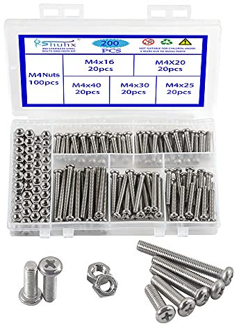 Rshuhx 200PCS M4 Bolts and Nuts Machine Screw and Nut 304 Stainless Steel Cross Pan Head Machine Round Head Screws Assortment Kit for Machine Furniture Toy Electronic Products Repair Fastener