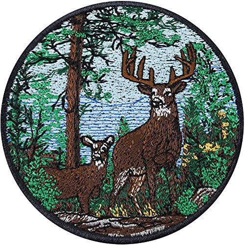 Hirsch im Wald Aufnäher wetterfester Aufkleber Gesticktes Bügelbild Jäger Aufbügler Jagdabzeichen Wild Jagd Naturfreunde Deer Patch Applikation Flicken zum annähen/aufbügeln | 80x80mm