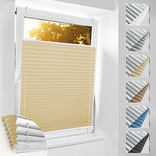 bobodeco Plissee ohne Bohren Verdunkelung Klemmfix, Hellbeige 60x120 cm(BxH) Verdunklungsplissee Thermo Plissees 100% Verdunkelnd & lichtundurchlässig Plisseerollo für Fenster & Tür