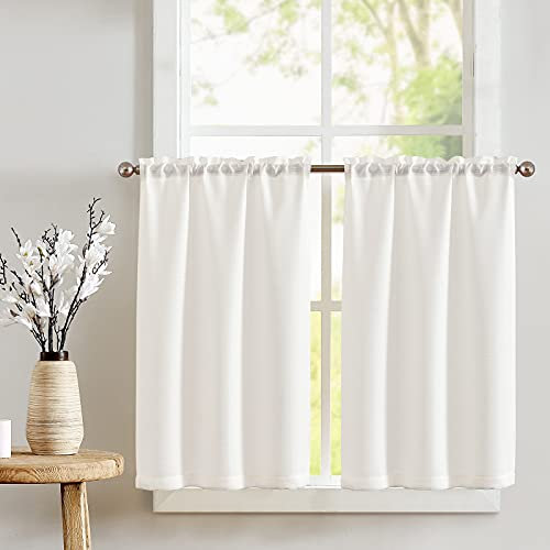 TOPICK White Textured Linen Effect Kitchen Curtains 24 Inch Drop, Short Cafe Curtains for Small Window, Light Filtering Rod Pocket Curtain Tiers for Bedroom, Bathroom, Cabinet, Sink, 28 W x 24 L Inch
