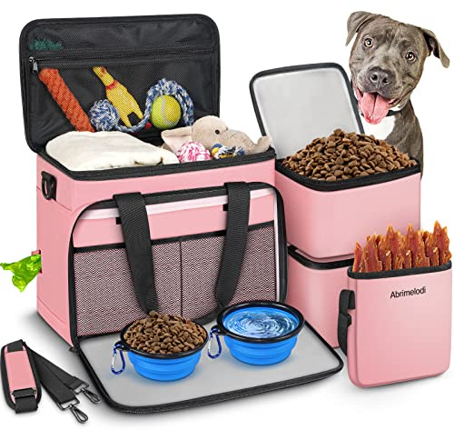 Abrimelodi Set mit 6 Hundetaschen, enthält 2 Futterbehälter, 1 Hunde-Reise-Organizer, 2 Faltbare Näpfe, 1 Leckerli-Tasche, Rosa, Haustier-Reisetasche