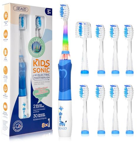 Seago Kids Electric Toothbrush 3-12, Childrens Battery Toothbrush with Colorful Lights, 2 Mins Timer, 8 Brush Heads, 4 Modes, for Junior, Boys and Girls, Giraffe Print, SG-977(Blue)