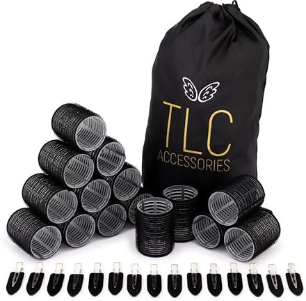 TLC ACCESSORIES 30 Piece Hair Rollers with Clips - 15 Self Grip Rollers and 15 Duckbill Clips - Salon Hairdressing Heatless Curlers, Size 44mm for Medium to Long Hair in Colour Black
