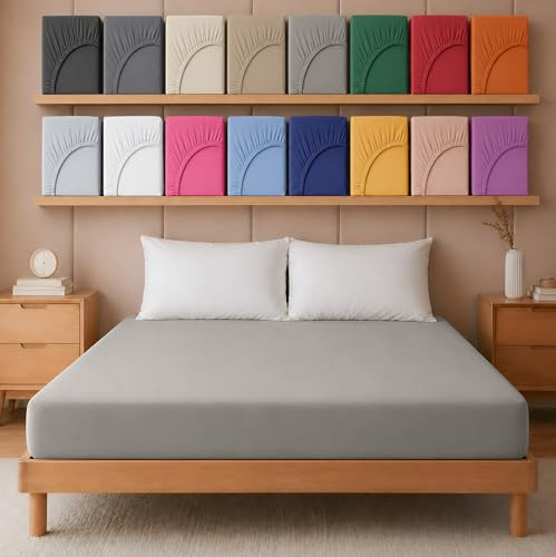 Hafaa King Size Fitted Sheets – Easy Care 25 cm Soft Brushed Microfibre Fabric Grey Kingsize Fitted Bed Sheets Shrinkage and Fade Resistant (152 x 200 cm)