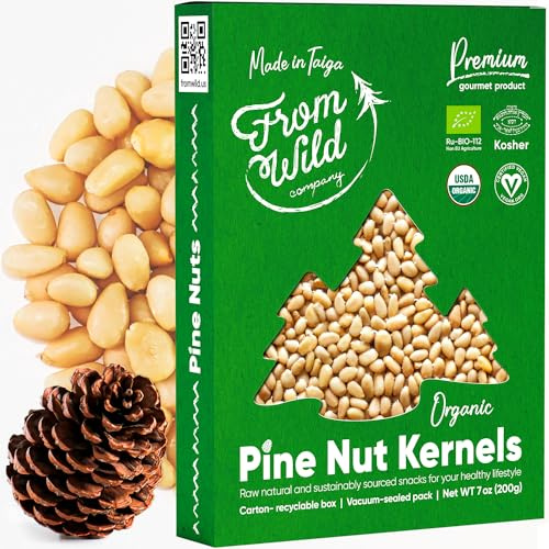 FROM WILD Fresh Organic Pine Nuts 7oz Certified Vegan Unsalted Pignolias - Siberian, for Pesto, Raw nuts, Mediterranean Delight Gluten-Free, Non-GMO European Grown Shelled, Cedar Nuts, Pinion, Piones, Pignoli Nuts, Bulk, Italian Seasoning, Keto Spices