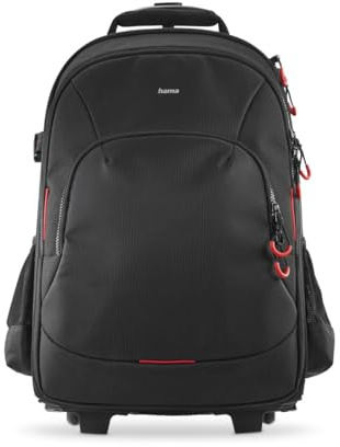 Hama Kamera Trolley (Fototrolley mit Rollen, ideal als Handgepäck oder Kamera Trolley Rucksack, gepolstert, Regenschutz, herausnehmbares Kamerafach, Neopren Fach, Fotokoffer) schwarz-rot
