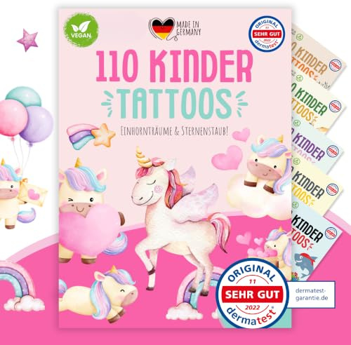 MeinBaby123 110 hautfreundliche Kinder Tattoos mit Einhörnern, Einhorn Tattoo, Kindertattoos zum Aufkleben für Mädchen, Geschenk für Mädchen, vegan & made in Germany (Einhorn & Fee)