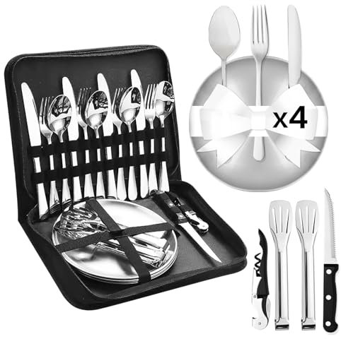 Cynrikah Set de Couverts de Camping 20 PCS, 4 Personnes kit Vaisselle Camping INOX Set de Camping INOX Eté Vaisselle Camping Ensemble de Vaisselle pour la Randonnée, l'escalade, Le Plein Air