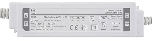 SeKi 24V DC 40W 1,67A Konstantspannungs LED Treiber; IP67 wassergeschützt Trafo, Netzteil, Transformator, Schaltnetzteil; keine Mindestlast, kein Rauschen/LED-Flimmern, MM Zulassung