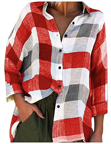 Cocila Women's Long Sleeve Tops Blouse Loose Tops Check Women Sleeves with Long Fashion Print Women's Blouse Womens Lightweight Long Sleeve Shirt (Red, L)