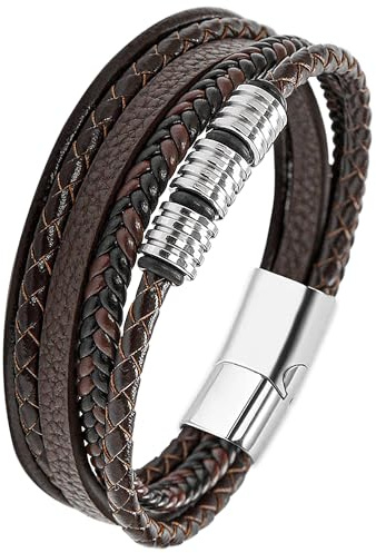 Mochity Herrarmband, svart läderarmband, sten i rostfritt stål, svart brunt armband, herrsmycken gåva herr 21 cm (med presentförpackning), Läder, rostfritt stål