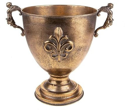Coppa in metallo color champagne con intarsi simil giglio e manici decorativi. Misure: cm 43h, Brandani