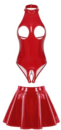 dPois Babydoll Lingerie Donna Sexy Erotico Body da Donna Aperto con Minigonna Lucida Completo Intimo Sexy Hot per Sesso Latex Catsuit Bodysuit Camicia da Notte Senza Cavallo Rosso S