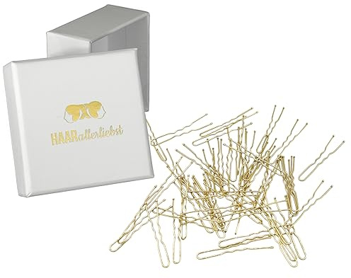 HAARallerliebst® Haarnadeln gold 50 Stück, 5cm inkl Aufbewahrungsbox - U Form Haarklammern - Haargabeln für Damen Mädchen, Haarnadel Hairpin Haarschmuck (gold; Schachtelfarbe: weiss)