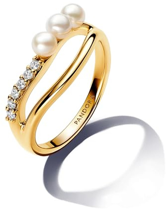PANDORA Essence Anillo chapado en oro de 14 quilates con perla blanca cultivada de agua dulce tratada y circonita cúbica transparente, talla 52