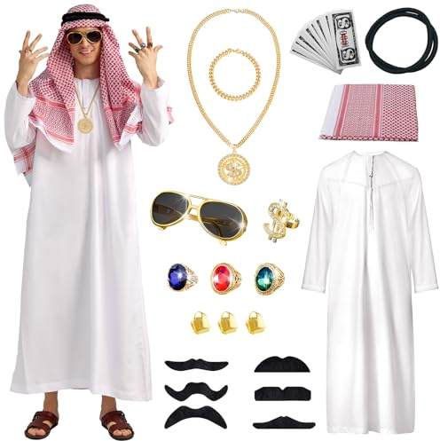 Ulikey Scheich Kostüm Herren, 20-Teiliges Araber Kostüm, Kostüm Scheich Araber, Arabisches Weißes Gewand mit Kopftuch, Finger Ring, Goldzähne, Halsketten, Sonnenbrillen für Party, Cosplay