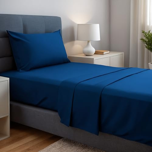 gobedreams Juego de Sábanas 3 Piezas 90x190/200. Sábanas de Cama de Poliéster Microfibra cepillada. Sábana Plana, Sabana Bajera Ajustable y 1 Fundas de Almohada. Color Azul Marino