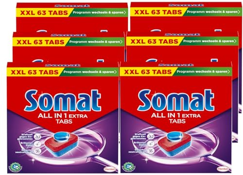 Somat All in 1 Extra Spülmaschinen Tabs, 378 Tabs (6x 63 Tabs), Geschirrspül Tabs für strahlende Sauberkeit auch bei niedrigen Temperaturen, bekämpfen selbst eingetrocknete Rückstände