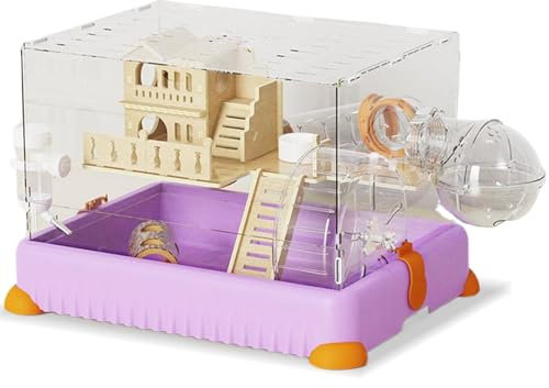 Acryl Hamsterkäfig mit Röhren Tablett Typ Rennmauskäfig Klar Kleintierkäfig mit Wasserflasche und Übung Rad, Hamsterkäfig für Hamster Mäuse Gerbil(Clear)