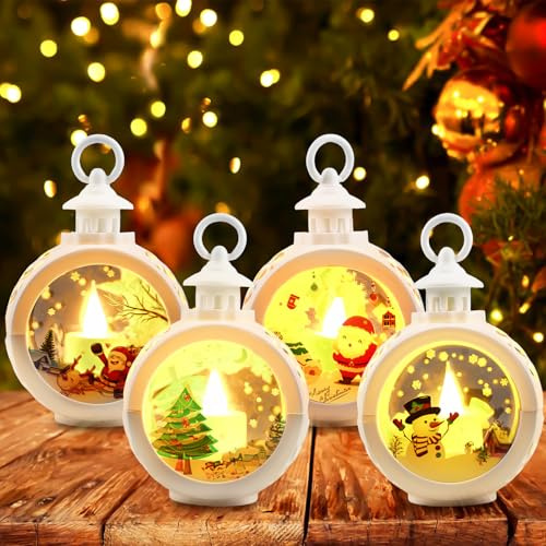 4 Stück Weihnachtslaterne Weihnachtsdeko Laterne, Weihnachten Laterne mit LED Licht Warmweiß, Laterne Weihnachten mit Weihnachtskerzen Led, Weihnachtsdekoration Innen Außen, Batteriebetrieben
