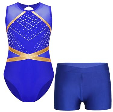 iEFiEL Modische Mädchen Gymnastikanzug Ärmellose Turnanzug mit Shorts elastische Ballett Trikot Tanz Trikotanzug Gymnastikbody Blau 146-152