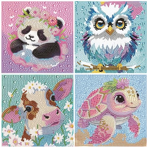 RLXMARTD 4 Pcs Cartoon Diamond Painting Kinder,Animal Mosaic Art Diamantmalerei für Geschenke und Wanddekorationen,Jungen, Mädchen, Anfänger, 15X15CM kein Rahmen (Panda+Meeresschildkröte+Eule+Kuh)