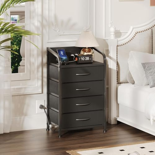 MUTUN Bedside Table Cabinet with Drawers and Charging Station, Small Nightstand for Bedroom, Storage Chest of Drawers for Living Room, Hallway, Entryway, Black