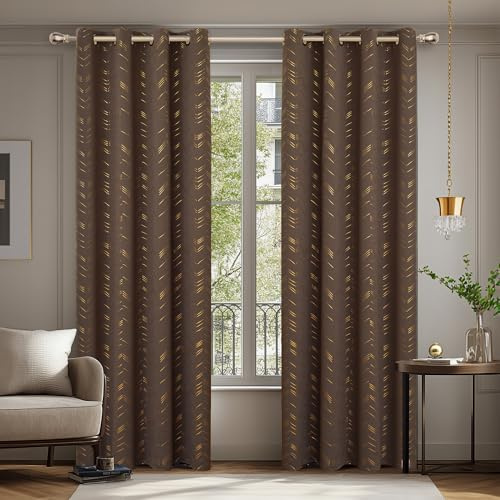 Deconovo Lot de 2 Rideaux Occultants Thermiques Isolants Anti-Froid à Œillets - Motif en Fil d'or 140×180CM, Rideaux Thermiques pour Chambre et Salon Brun