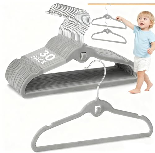 Baby Velvet Stackable Hangers 30 Pack, 11 Inches Gray Kids Clothes Hanger for Closet, Non Slip Toddler Infant Hangers for Nursery, Thin Space Saving Children Felt Hanger with 360° Swivel Hooks