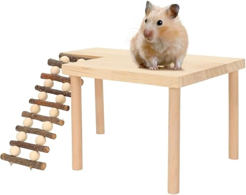 CYSFETENA 2-lagige Hamster Etage Kletterplattform aus Naturholz, Holz Plattform mit Leiter für Hamsterkäfig, Spielzeug für Hamster Ratten Kleine Haustiere