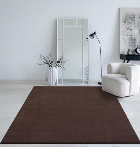 Mia´s Teppiche Taos – kuscheliger Kurzflor Teppich in Felloptik, super Soft & waschbar bis 30°C, mit Anti-Rutsch-Unterseite, Wohnzimmer & Schlafzimmer, Made in Türkiye, Braun, 160 x 220 cm
