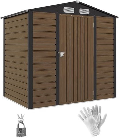 Outsunny 4.3 x 6.2 ft Garden Shed, Galvanised Metal Shed, Easy to Assemble, with Lockable Door, Gloves and 2 Vents Outdoor Tool Storage, Oak